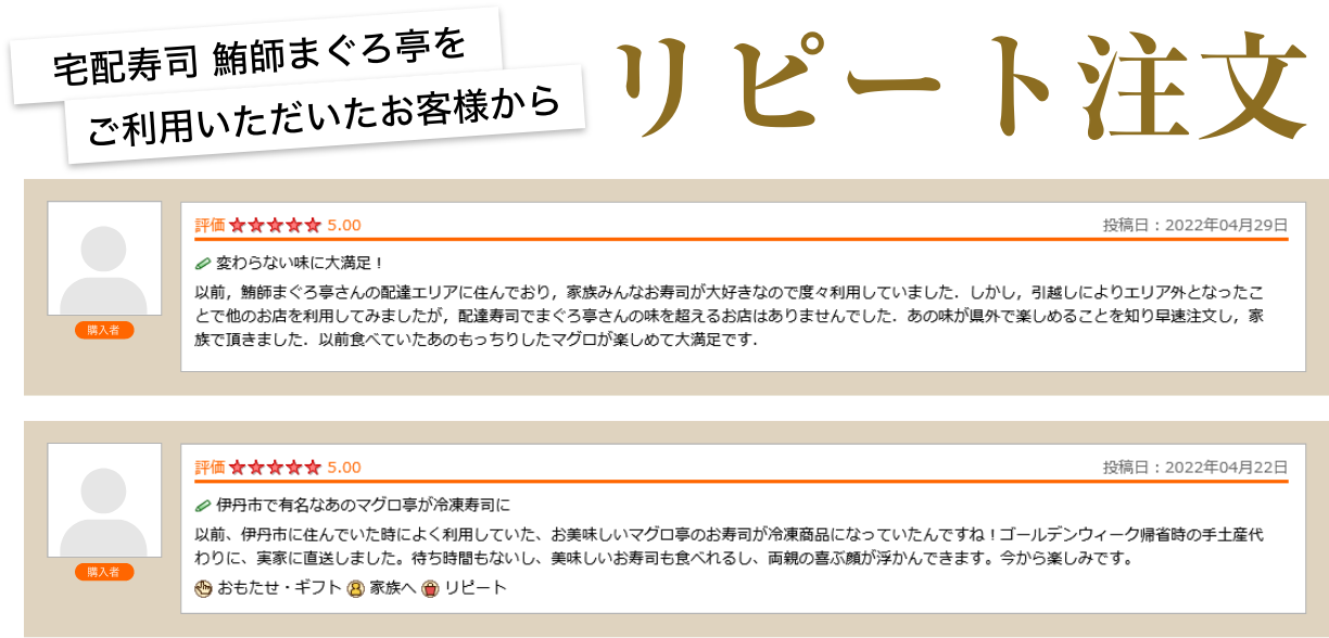 宅配寿司 鮪師まぐろ亭をご利用いただいたお客様からリピート注文